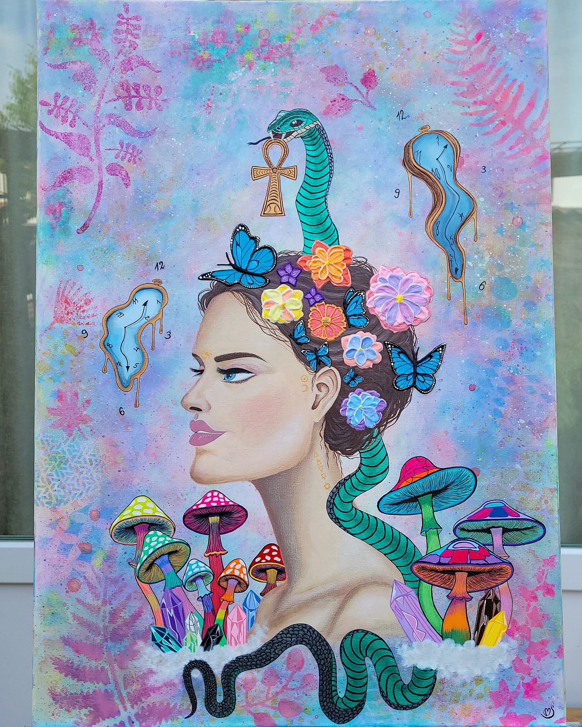 Visionary mixed media painting with emerald serpent, neon mushrooms and sacred symbols of divine feminine transformation