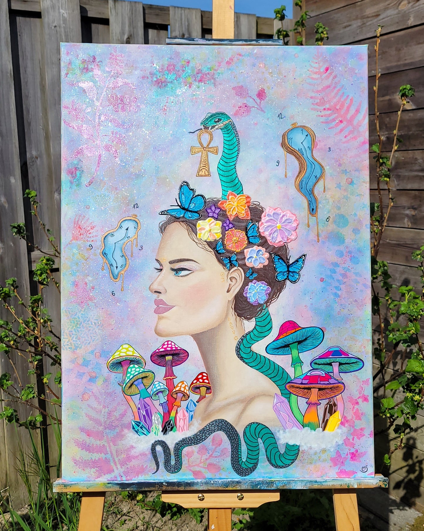 Full view of “Transmutatio Divina” – visionary, alchemical and surreal mixed media painting by Michalina Paints