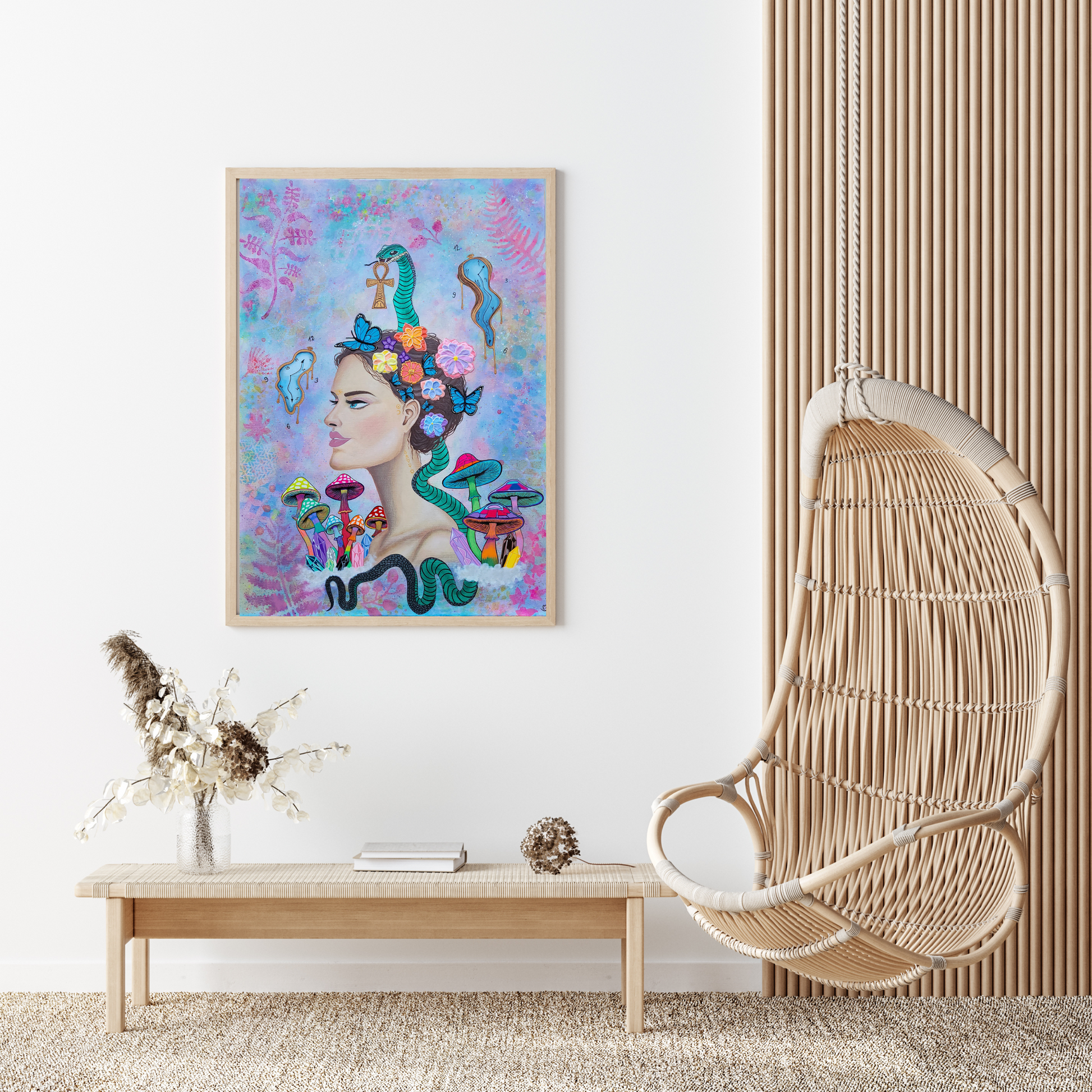 Spiritual art featured in cozy healing space with rug, rattan and wooden accents