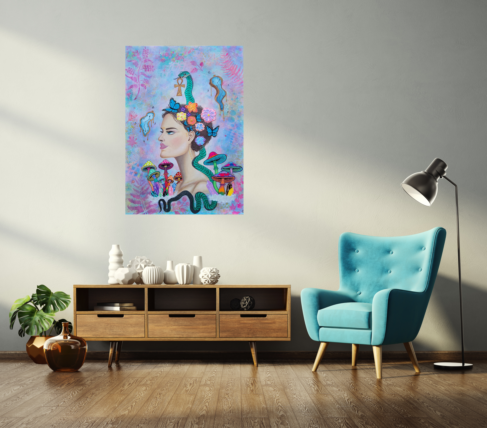 Canvas above dark wood sideboard with sculptural white vases, light blue armchair and lamp, modern warm-toned interior with earthy accents