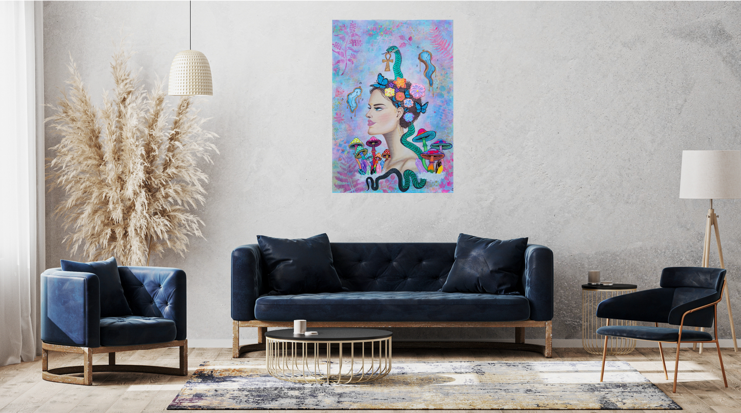 Large visionary painting above navy blue sofa, with matching chair and cozy living room accents, modern space with natural light and soft textures