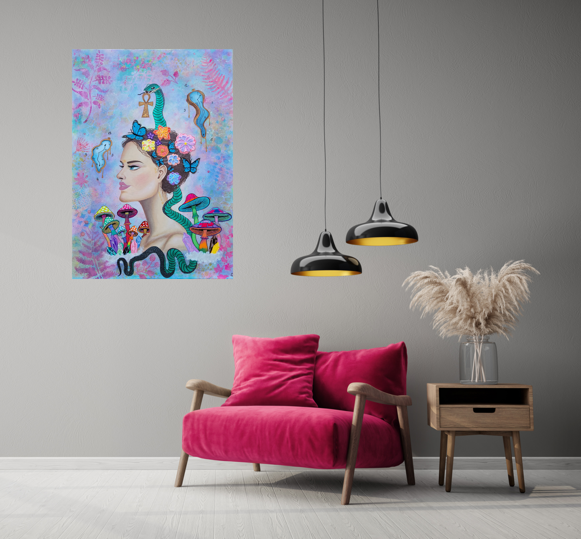 Spiritual artwork on wall next to plush dusty pink armchair, pampas grass in vase and black pendant lights, soulful and warm modern corner