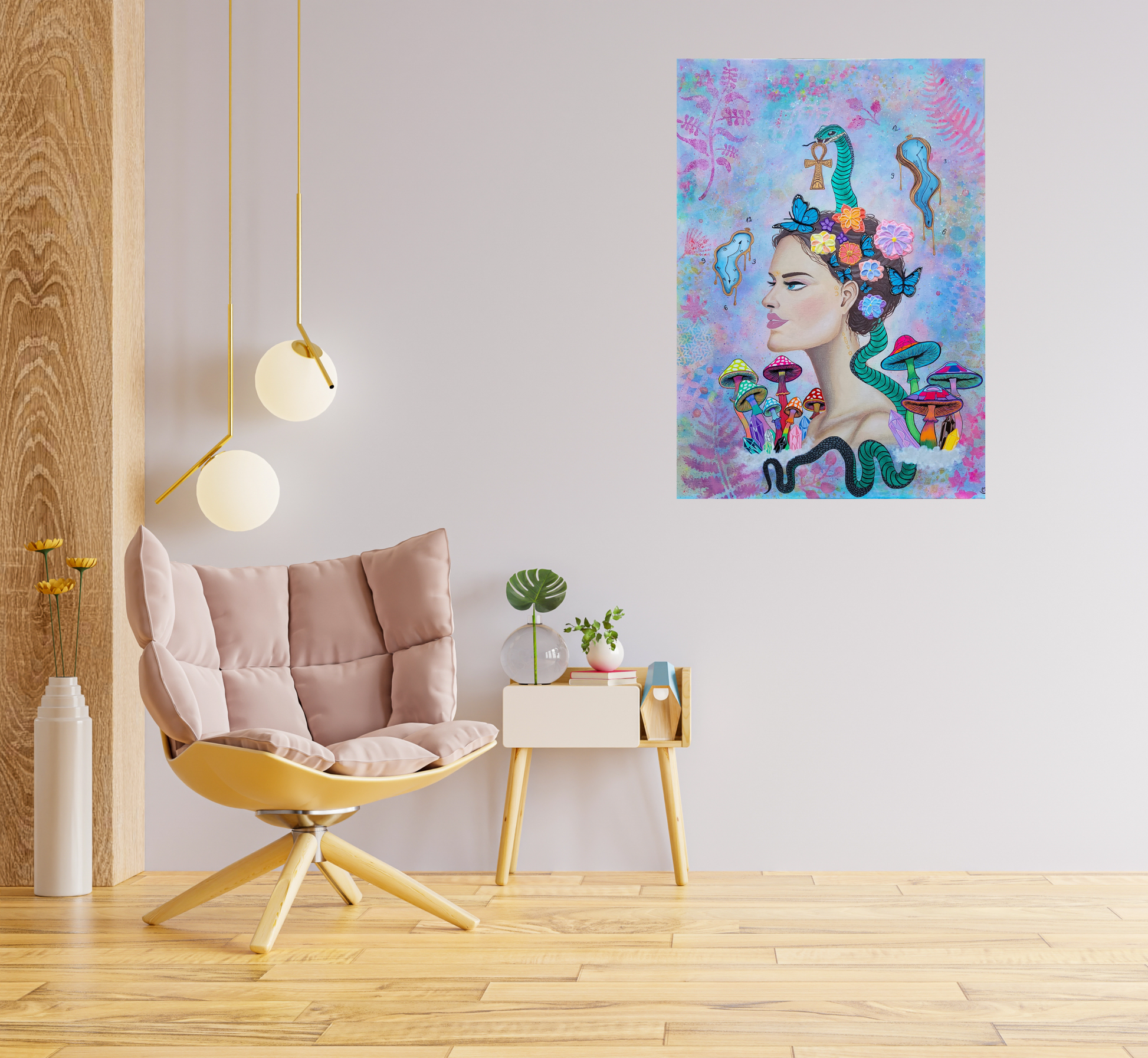 Canvas on the wall, with blush pink modern chair, wooden-white side table, minimalist chandelier and fresh flowers, elegant and serene