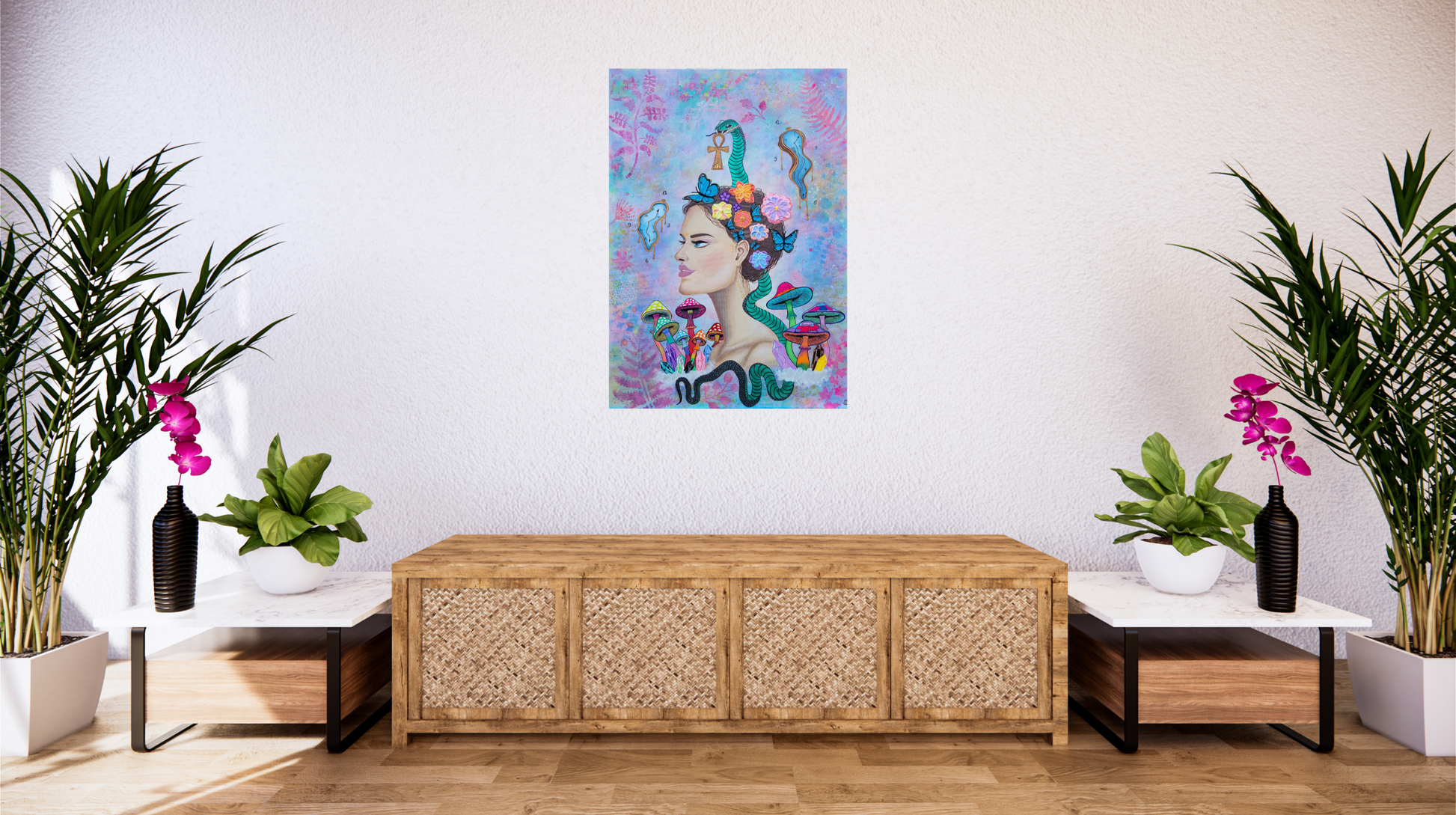 Artwork placed above long rattan console, surrounded by pink flowers and natural wooden side tables, peaceful boho-inspired setting