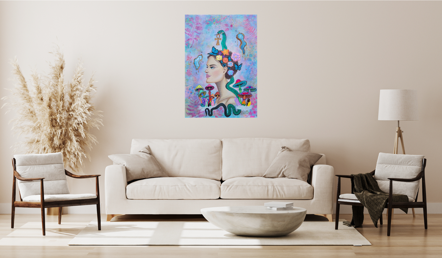 “Transmutatio Divina” centered on white wall above minimalist white sofa, with fluffy pampas grass, soft carpet and serene monochrome decor