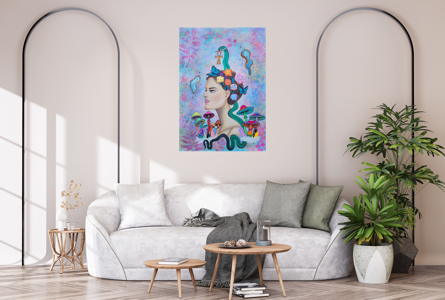 Spiritual painting above white sofa with wooden coffee tables, warm textiles, books and rattan details, gentle cozy interior with plants and softness